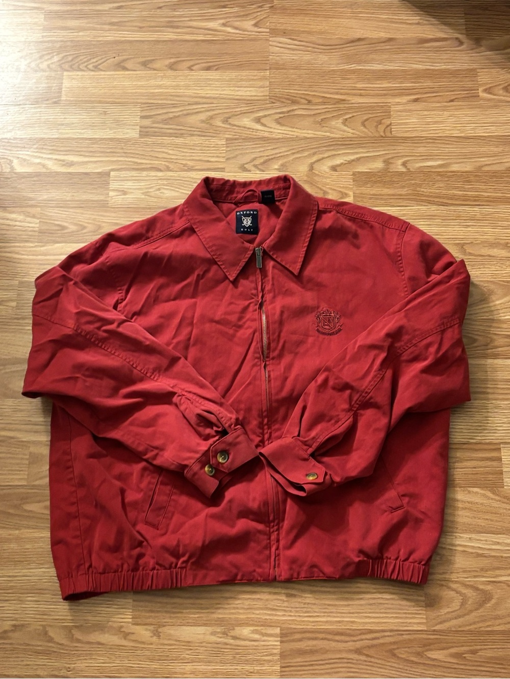 Oxford Red Bomber Jacket with Embroidered Crest